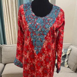 Elegant Red and Blue Floral Dress